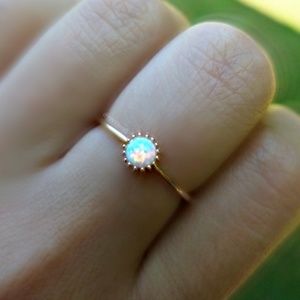 Delicate Rose Gold Band Tiny Round Fire Opal Ring